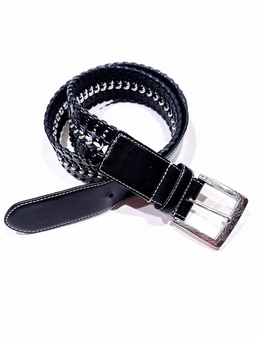 Brighton Black Leather Belt Womens XL 36 Whip Stitch Center Chain Western Buckle